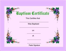 A baptism certificate template may fall in the religious category; Free Printable Baptism Certificates - CertificateTemplates.NET