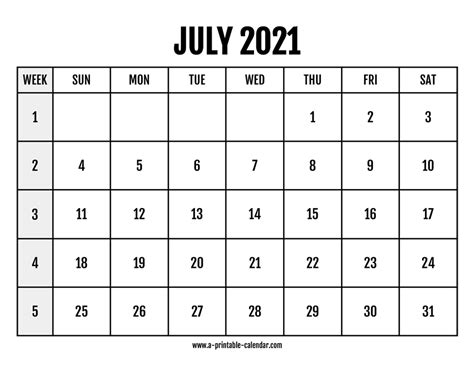 Calendar 2021 July A Printable Calendar