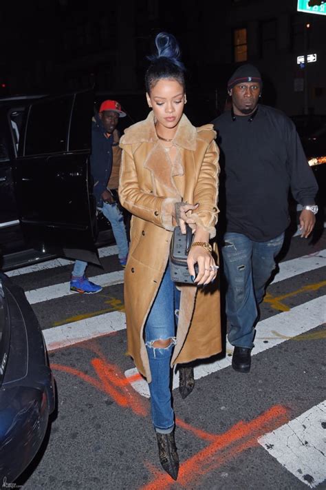 3 Rihanna’s New York City Ulla Johnson Pink Fur Coat And Kurt Geiger Carvela Navy Blue Velvet