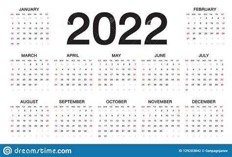 Calendar 2022 Week Starts From Sunday Business Template Stock Vector