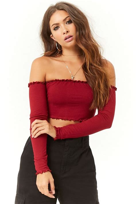 Ribbed Lettuce Edge Off The Shoulder Crop Top Modest Outfits Fashion