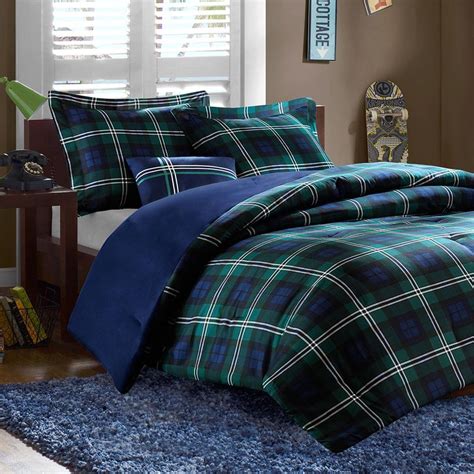 Teen Boys Blueplaid Twin Xl Fullqueen Comforter Set Dorm Bedding
