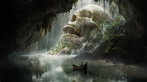 Quentin Mabille Landscape Artwork Fantasy Art Boat Skull Cave