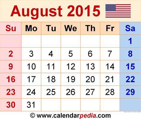 August 2015 Calendar | Templates for Word, Excel and PDF