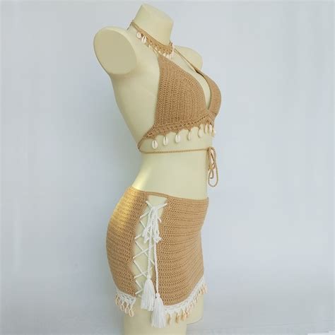 3pcs Bikini Set Woman Crochet Shell Tassel Bikini Top And Seashell