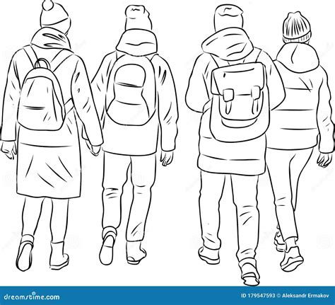 Vector Outline Drawing Of Students Friends Walking Outdoors