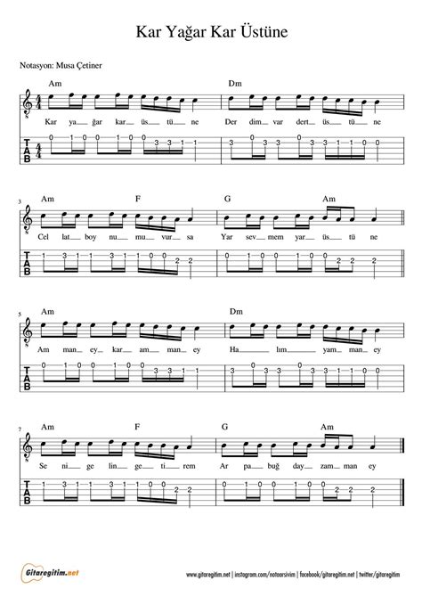 Kar Yağar Kar Üstüne - Nota - Tab » Gitareğitim.net