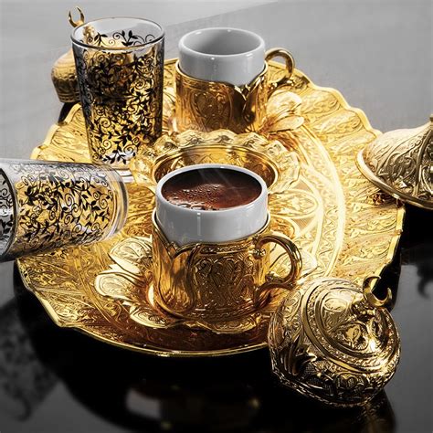 Cups and saucers were just an addition to that. Turkish Coffee Set For Two Person With Glasses Golden ...