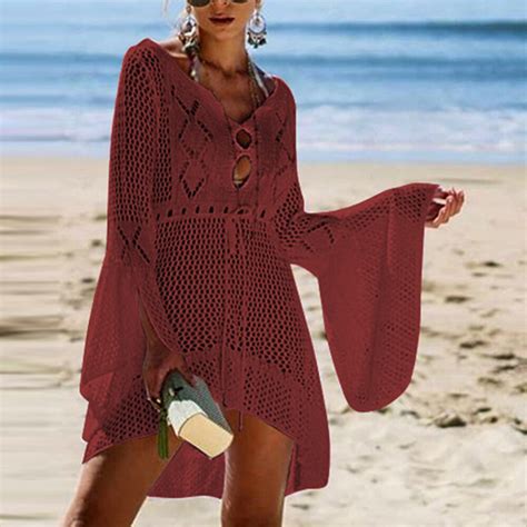 2020 Sexy Crochet Knitted Beach Cover Up Tassel Tie Beachwear Tunic