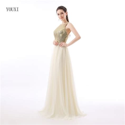 Charmming Chiffon Tulle With Top Champagne Gold Sequin Bridesmaid