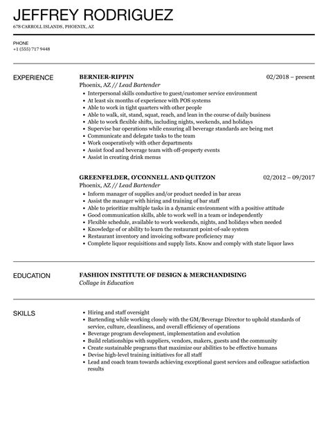 Lead Bartender Resume Samples Velvet Jobs