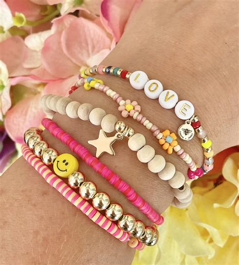 Smiley Face Clay Beaded Bracelets Love Flowers Set Of Six Multicolor Summer Jewelry