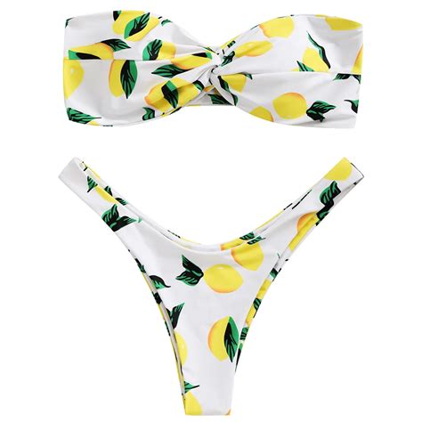 Lemon Print Twist Bandeau Bikini Set Strapless Mid Waist Bikini