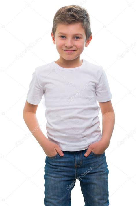 White T Shirt On A Cute Boy Isolated On White Background Stock Photo