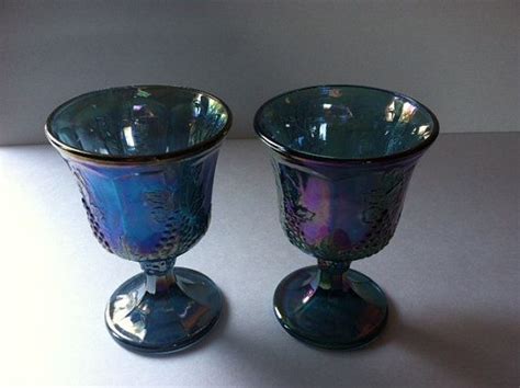 Vintage Carnival Glass Goblets Blue Iridescent Indiana Glass Etsy