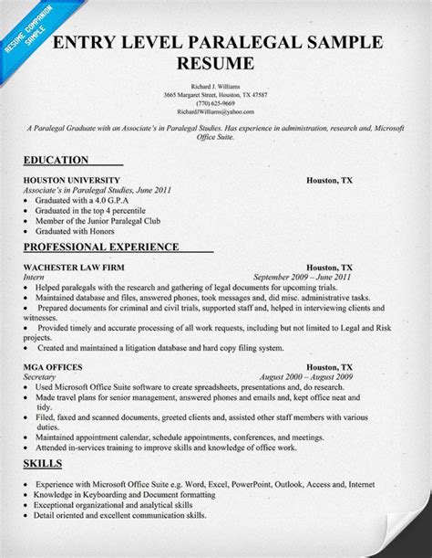The end goal is to make sure that your student resume looks different by packing it with internship experience. Entry Level Paralegal Resume Sample (resumecompanion.com ...