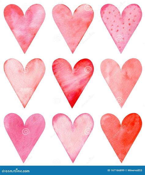 Set Of Watercolor Hearts Love Card With Red And Pink Watercolor Hearts