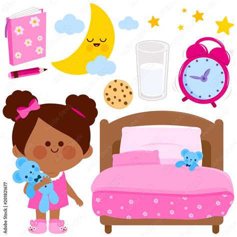 Cute Girl Getting Ready For Bed At Night Bed Time Vector Collection