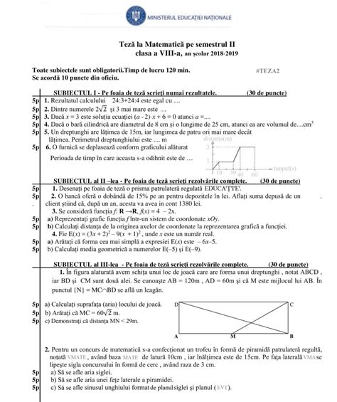 Clasa A 8 A Teza 2 La Matematica Semestrul Al Ii Lea An Scolar 2018