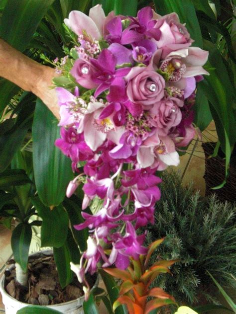 cascading bridal bouquet of purple dendrobium orchids purple phalenopsis orchids mauve cymbidi