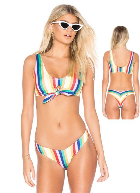 2pcs Women Push Up Padded Bandage Bikini Set Multi Color Striped Knot