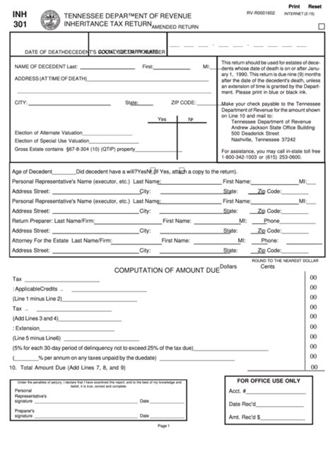 Fillable Form Inh 301 Inheritance Tax Return Printable Pdf Download