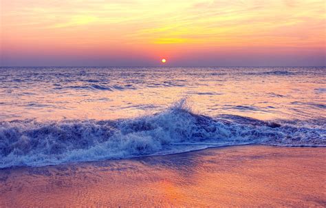 Wallpaper Wave Beach Purple Sand Sea Sunset Pink