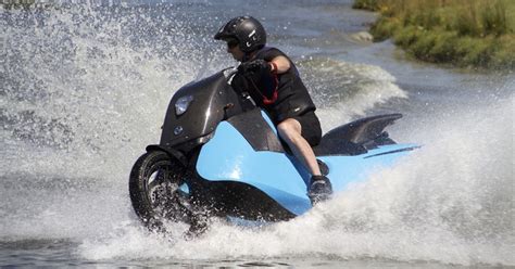 this amphibious motorcycle turns into a jet ski once it hits the water maxim