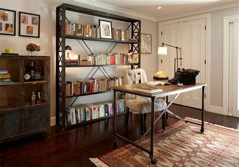 Eclectic Home Office With White Wall And Rustic Cabinet Also Aged Look