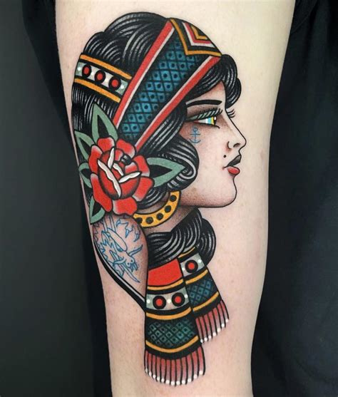 American Traditional Gypsy Woman Done By Dani Daniquepo At Sang Bleu Tattoo London R