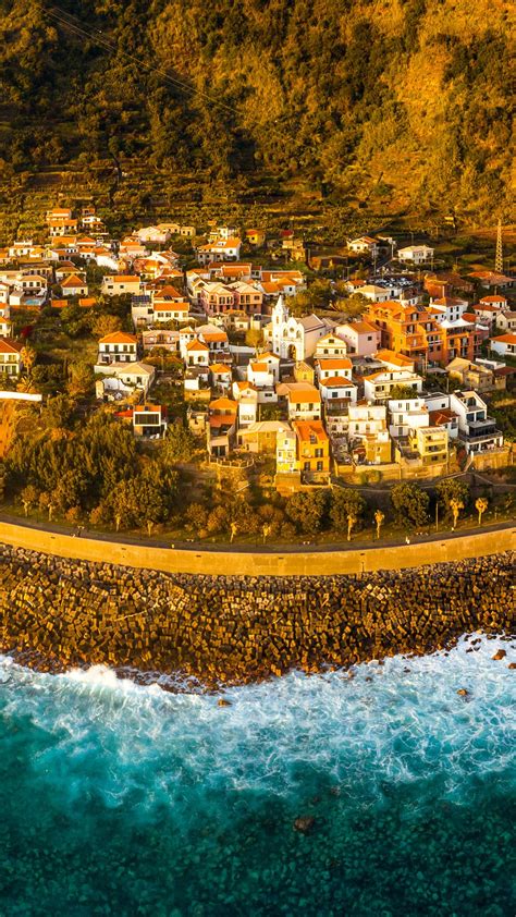 Find the best surf spots. Aerial view of Jardim do Mar, surfing spot in Madeira ...