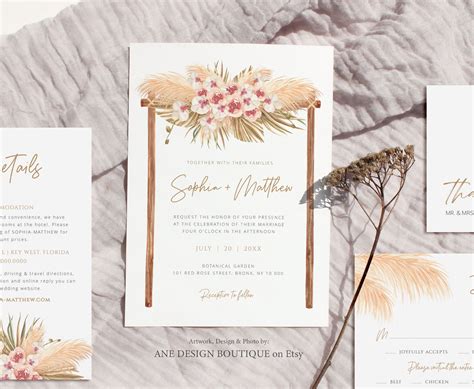 Pampas Grass Boho Wedding Invitation Set Template Tropical Etsy In