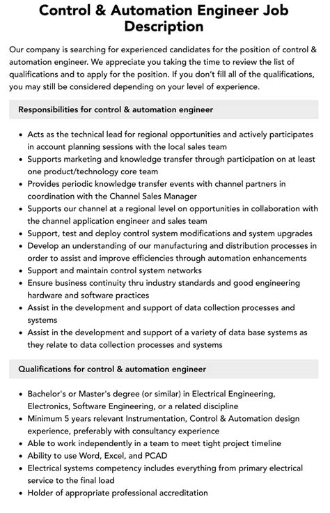 Control And Automation Engineer Job Description Velvet Jobs