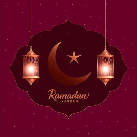 Free Vector Ramadan Kareem Beautiful Greeting Card With Hanging Lanterns
