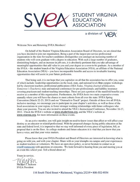 Student Virginia Education Association Welcome Letter