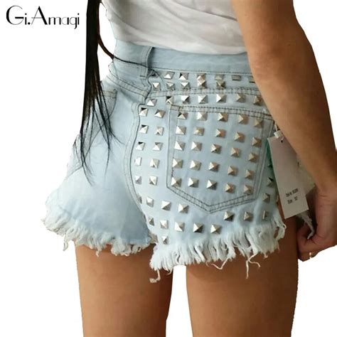 New 2017 Summer Style Punk Rock Fashion High Waisted Denim Shorts Vintage Hole Ripped Rivet