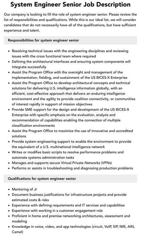 System Engineer Senior Job Description Velvet Jobs