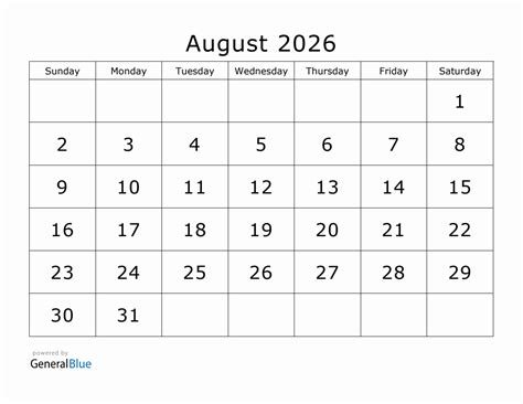 Printable August 2026 Calendar