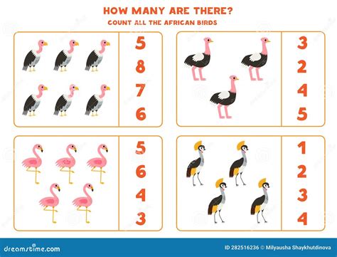 Counting Game With Cute African Birds Educational Worksheet Stock