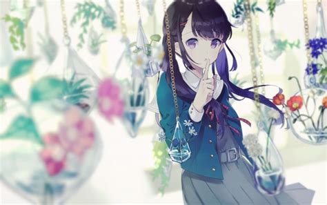 Wallpaper Shh Anime Girl Purple Eyes Black Hair Flowers Chain Blurry Wallpapermaiden