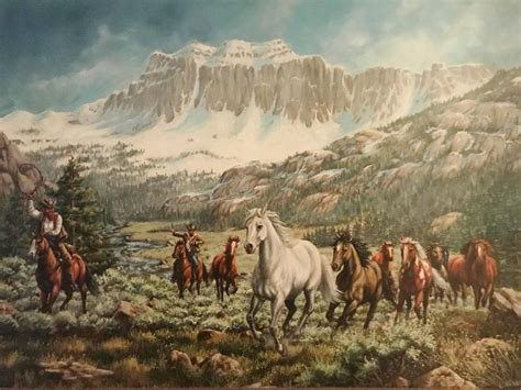 Western Oil Painting By L Karren Brakke Of Running Horses And Cowboys