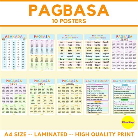10 Pcs Pagbasa Educational Charts Laminated A4 Size Tagalog Reading