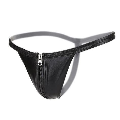 Men Sexy G String Front Zipper Open Leather Thong Couples Panties Valentines Underpants Leather