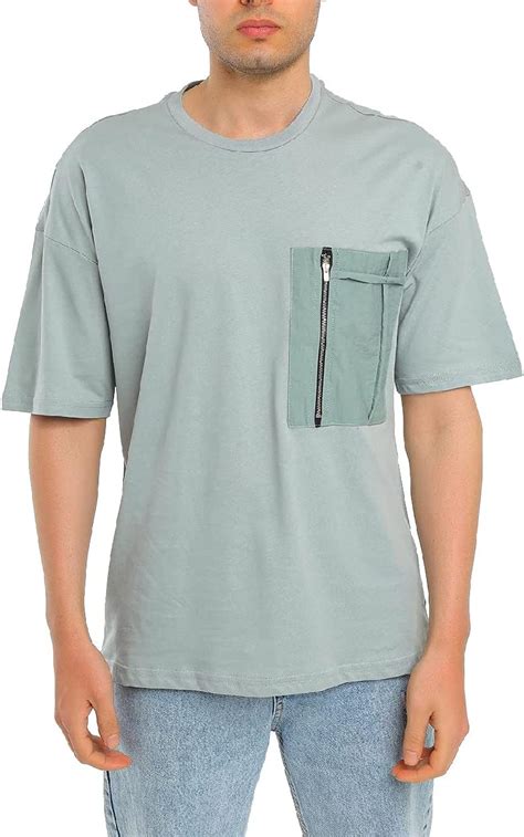 Retro Blue Mens Oversized Cotton T Shirt Pocket Zipper Fashion Green