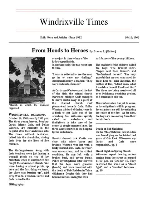 News articles make up the bulk of newspapers for example, if someone is writing a story about the arson of a bread factory, one possible angle might be the devastation caused. 1 Li, Steven - The Outsiders Newspaper Article | Violence