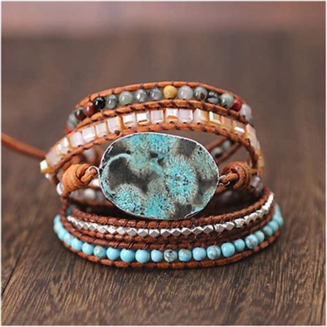 Axstore New Women Leather Bracelet Unique Mixed Natural Stone Charm 5
