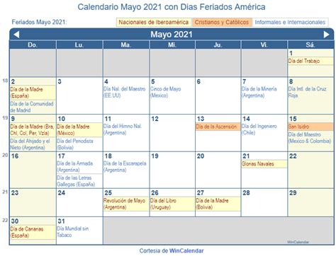 Calendario Mayo 2021 Para Imprimir América