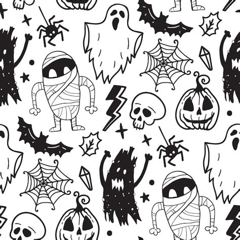 Monocromo De Patrones Sin Fisuras De Elementos De Garabato Dibujados A Mano De Halloween De