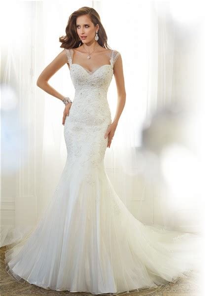 Fitted Mermaid Sweetheart Neckline V Back Organza Lace Beaded Wedding