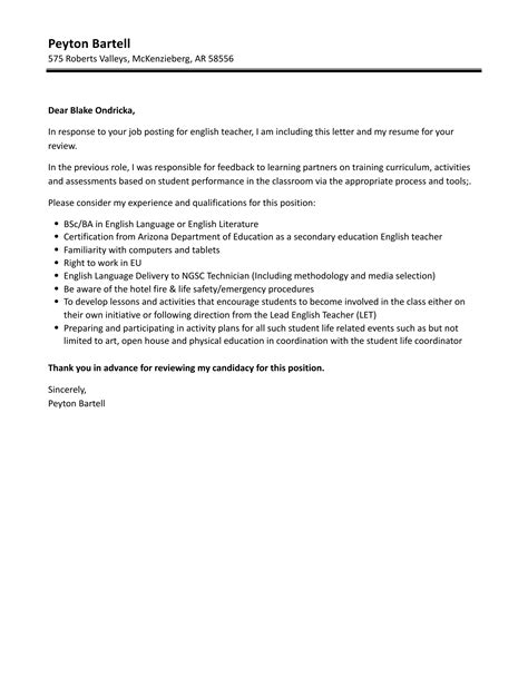 English Teacher Cover Letter Velvet Jobs